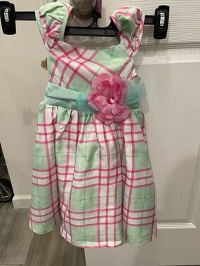 Rare Editions Mint Green and Pink Plaid Flower Sash Dress